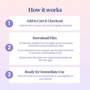 Puede incluir: Un gr&aacute;fico instructivo titulado How it works con un fondo degradado en rosa y blanco. Enumera tres pasos: 1. Add to Cart & Checkout, 2. Download Files desde Purchases & Reviews, y 3. Ready for Immediate Use para impresi&oacute;n inmediata.