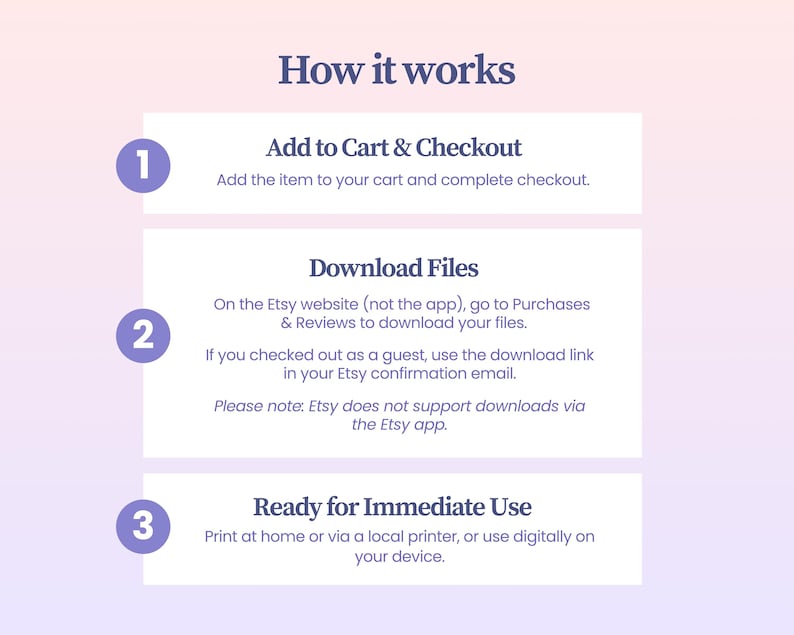 Puede incluir: Un gr&aacute;fico instructivo titulado How it works con un fondo degradado en rosa y blanco. Enumera tres pasos: 1. Add to Cart & Checkout, 2. Download Files desde Purchases & Reviews, y 3. Ready for Immediate Use para impresi&oacute;n inmediata.