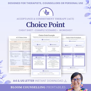 Könnte beinhalten: Ein digitales Set zum Ausdrucken für die Akzeptanz- und Commitment-Therapie mit einem Choice Point Spickzettel, Beispielszenario und Arbeitsblatt. Die Dokumente sind mit Choice Point betitelt und enthalten Abschnitte zu Hooks, What Matters, Away Moves.