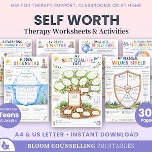 Puede incluir: Una colección de hojas de trabajo y actividades de terapia tituladas Self Worth, con ilustraciones coloridas de árboles, escudos y icebergs. Las páginas incluyen indicaciones de texto para la reflexión personal, diseñadas para adolescentes y adultos en A4 y US Letter.