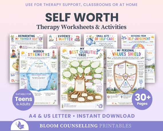 Self Worth Worksheets Bundle, Teen Activities, Anxiety Therapy, Self Esteem Worksheets, CBT ACT Therapist Toolkit (Digital Download)