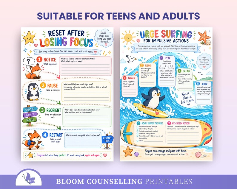 May include: Two educational worksheets titled Reset After Losing Focus and Urge Surfing for Impulsive Actions. The colourful pages feature cartoon animals, including foxes and a penguin surfing, with prompts, checklists, and spaces for written notes.