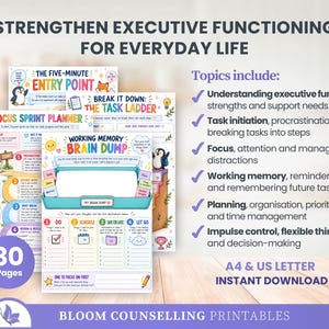 May include: A set of 30 printable pages for executive functioning, including titles like The Five-Minute Entry Point, The Task Ladder, and Working Memory Brain Dump. The pages feature colourful illustrations, checklists, and text for planning, organisation, and time management. Includes A4 and US Letter sizes.