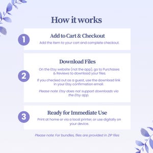 May include: An instructional graphic titled How it works with three numbered steps in purple circles. Step 1: Add to Cart & Checkout. Step 2: Download Files from Etsy website. Step 3: Ready for Immediate Use. Includes notes about Etsy app limitations and ZIP files.