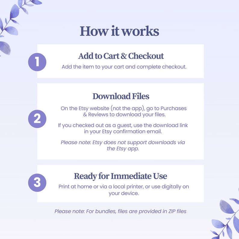 May include: An instructional graphic titled How it works with three numbered steps in purple circles. Step 1: Add to Cart & Checkout. Step 2: Download Files from Etsy website. Step 3: Ready for Immediate Use. Includes notes about Etsy app limitations and ZIP files.