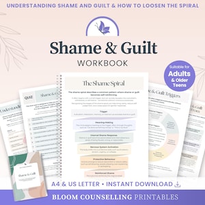 Op de afbeelding: Een Shame & Guilt werkboek met meerdere pagina's met tekst, diagrammen en een quiz. De omslag toont een paars vlindericoon, de titel Shame & Guilt en de ondertitel Understanding Shame and Guilt & How to Loosen the Spiral.