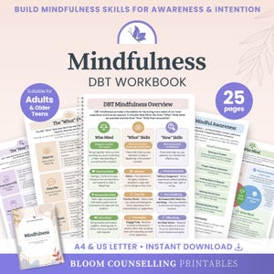 Könnte beinhalten: Ein spiralgebundenes Mindfulness DBT-Arbeitsbuch mit 25 Seiten Bildungsinhalten. Die Seiten enthalten Diagramme zu Wise Mind, What Skills und How Skills mit Texten zu Achtsamkeitstechniken für Erwachsene und ältere Jugendliche in A4- und US-Letter-Formaten.