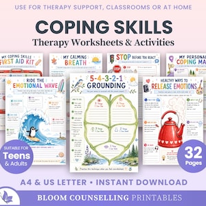 Może przedstawiać: Zbiór arkuszy terapeutycznych zatytułowanych Coping Skills, zawierający ćwiczenia takie jak 5-4-3-2-1 Grounding, Ride the Emotional Wave i My Personal Coping Map. Strony zawierają kolorowe ilustracje czerwonego czajnika, pingwina na desce i liścia.