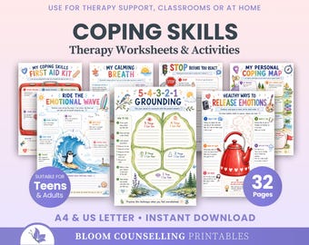 Hojas de trabajo sobre habilidades de afrontamiento para adolescentes y adultos, regulación emocional, actividades terapéuticas, kit de herramientas para el TDAH y el autismo (descarga digital)