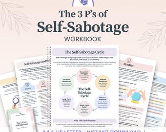 May include: A spiral-bound workbook titled The 3 P's of Self-Sabotage featuring pages with diagrams of the self-sabotage cycle, text about psychological patterns, and illustrations of a crystal ball and magnifying glass. Includes A4 and US Letter sizes.