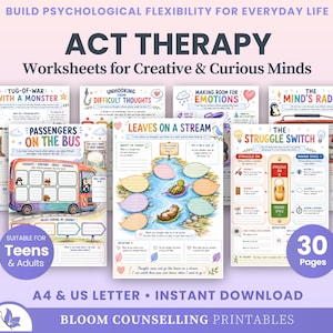 Può includere: Una raccolta di schede di terapia ACT con titoli come Tug-of-War with a Monster, Passengers on the Bus, Leaves on a Stream e The Struggle Switch. Le pagine includono illustrazioni colorate, suggerimenti testuali ed esercizi per adolescenti e adulti.