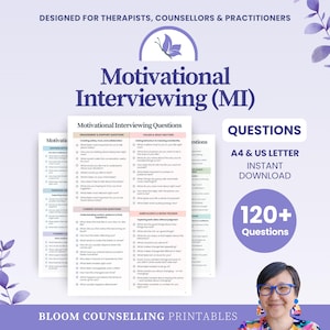 Motivational Interviewing Questions | MI Cheat Sheet | Motivation Interview Therapy Reference Guide | Therapist Counsellor Therapeutic Tools