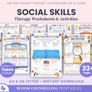 Peut inclure: Une collection de fiches d'exercices et d'activités de thérapie sur les compétences sociales avec des illustrations colorées et du texte, incluant des titres comme Am I Interrupting, Handling Awkward Moments, The Conversation Ping-Pong et Social Cues Detective.