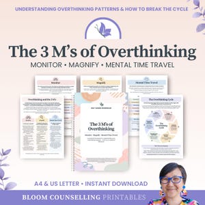 May include: A collection of printable worksheets titled "The 3 M's of Overthinking." The cover features the title and the words "Monitor, Magnify, Mental Time Travel." The design includes a butterfly graphic and pastel colors. The text "A4 & US Letter" is also visible.