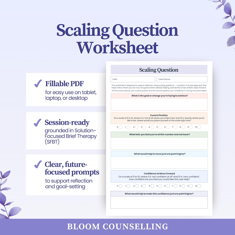 Scaling Question Worksheet Template | SFBT Cheat Sheet Guide | Solution ...