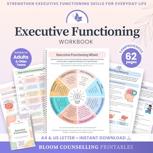 Peut inclure: Un cahier d'exercices sur les fonctions exécutives de 62 pages, avec une reliure à spirales et des feuilles intérieures. Les pages présentent une roue des fonctions exécutives, des schémas cérébraux et des textes sur les compétences.