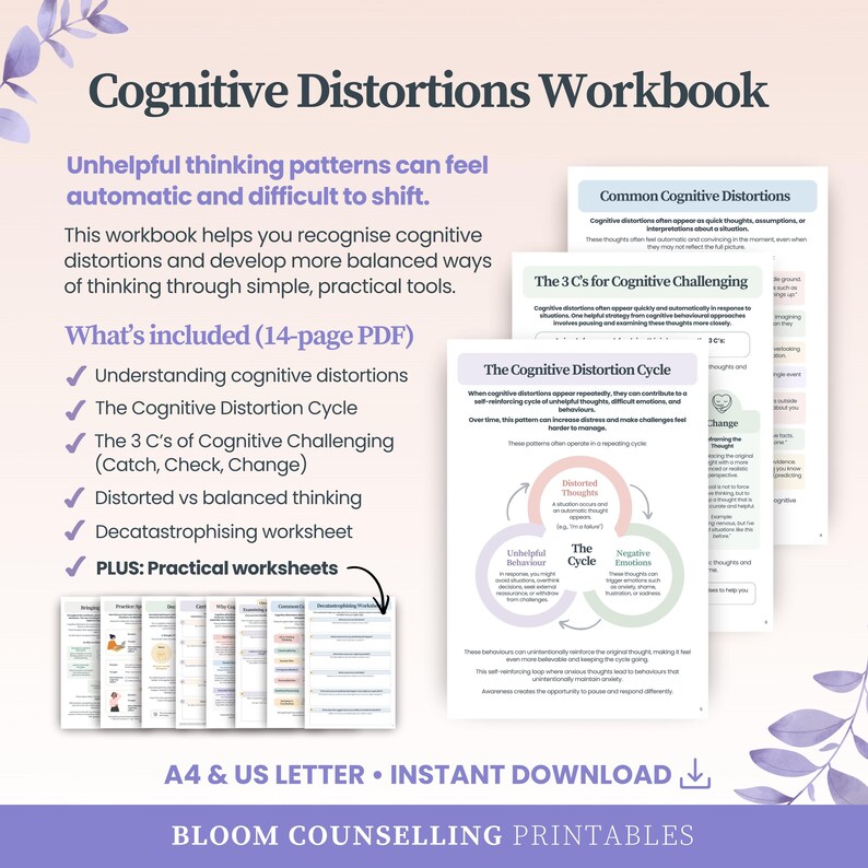Cognitive Distortions Workbook | CBT Anxiety Worksheets | Unhelpful ...