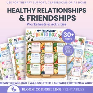 May include: A collection of printable worksheets titled Healthy Relationships & Friendships, featuring a central My Friendship Bento Box activity page with colorful illustrations of food items and prompts for personal reflection.