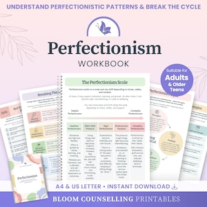 May include: A spiral-bound Perfectionism Workbook featuring multiple pages with charts, text, and diagrams. The cover and interior pages include the title Perfectionism, The Perfectionism Scale, and sections on breaking cycles, quizzes, and thoughts.