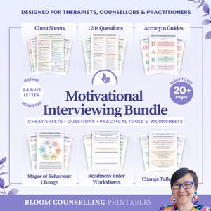 Bundel motiverende gespreksvoering | MI-spiekbriefjes | Stadia van gedragsverandering gidsen werkbladen | Vragen therapeut downloaden: