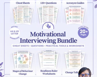 Motivational Interviewing Bundle | MI Cheat Sheets | Stages of Behaviour Change Guides Worksheets | Counsellor Therapist Questions Download