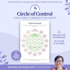 May include: A printable "Circle of Control" cheat sheet for therapists and counselors. The infographic features a circular diagram with sections for things one can and cannot control, with the text "US Letter & A4 Sizes" and "Instant PDF Download".