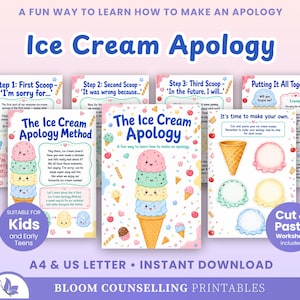 Peut inclure: Un ensemble de fiches pédagogiques intitulées The Ice Cream Apology, présentant des illustrations aux tons pastel de cornets de glace avec des visages. Les pages incluent des étapes pour s'excuser, une activité de découpage et du texte explicatif.
