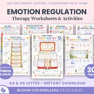 May include: A collection of printable therapy worksheets titled Emotion Regulation Therapy Worksheets & Activities, featuring various charts like Feelings Thermometer, Emotional First Aid Kit, and Window of Tolerance, designed for teens and adults.