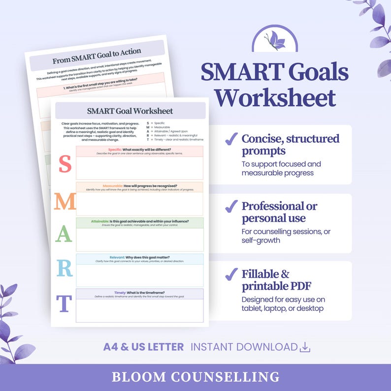 SMART Goal Setting Therapy Worksheet | SFBT Solution Focused Counsellor ...