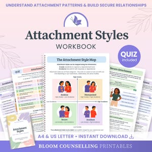 May include: An Attachment Styles workbook featuring a quiz, an attachment style map with four quadrants, and informational pages. The cover and interior pages include text, illustrations of couples, and a butterfly logo on a light pink background.