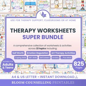 May include: A digital therapy worksheets super bundle featuring 825 pages across 22 topics including self worth, emotion regulation, and anxiety. The purple and white graphic includes text stating use for therapy support, classrooms or at home.