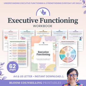 Op de afbeelding: Een werkboek getiteld "Executive Functioning" met de tekst "Understanding Executive Functioning & Strengthening Everyday Life Skills". De omslag toont de titel en een vlinder. Het werkboek bevat 62 pagina's en is beschikbaar in A4- en US Letter-formaten.