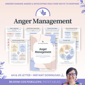 May include: A spiral-bound Anger Management self-guided workbook with a pastel abstract cover, surrounded by several informational pages titled Anger vs. Aggression, Healthy Ways to Express Anger, Common Anger Triggers, and The Anger Cycle.