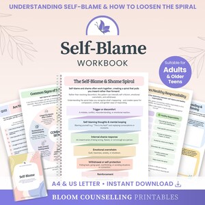 May include: A Self-Blame Workbook with a spiral-bound design, featuring pages titled The Self-Blame & Shame Spiral, Common Signs of Self-Blame, and Healthy Responsibility. The document includes text, diagrams, and a purple butterfly logo icon.