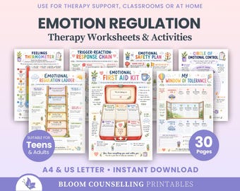 Paquete de hojas de trabajo y actividades para la regulación emocional, regulación del sistema nervioso, habilidades de afrontamiento, kit de herramientas para terapeutas de TCC/ACT (descarga digital)