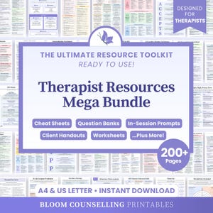 May include: A digital resource toolkit for therapists titled Therapist Resources Mega Bundle, featuring over 200 pages of cheat sheets, question banks, in-session prompts, client handouts, and worksheets in A4 and US Letter sizes for instant download.