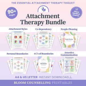 May include: The Essential Attachment Therapy Toolkit is a bundle of 90+ pages of printable documents. It includes sections on Attachment Styles, Co-dependency, People-Pleasing, Personal Boundaries, 4 C's of Boundaries, and Assertive Communication.