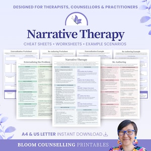 Narrative Therapy Cheat Sheets & Worksheets, Counselling Resources, Inner Critic Anxiety Therapy, Therapist Toolkit (Digital Download)