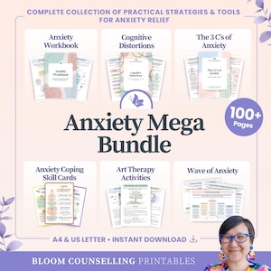 Op de afbeelding: Anxiety Mega Bundle met meer dan 100 pagina's aan printbare hulpmiddelen voor angstverlichting. Bevat werkboeken, vaardigheidkaarten en kunsttherapie-activiteiten. Beschikbaar in A4- en US Letter-formaten.