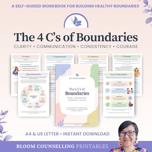 May include: A self-guided workbook titled "The 4 C's of Boundaries" with the words Clarity, Communication, Consistency, and Courage. The workbook has a butterfly logo and includes several pages with diagrams and text. The bottom of the image says "A4 & US Letter • Instant Download".