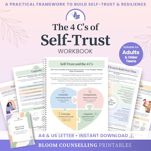 May include: A spiral-bound workbook titled The 4 C's of Self-Trust featuring a pastel-colored puzzle piece diagram representing Curiosity, Compassion, Courage, and Capacity. The pages include text about building self-trust, resilience, and emotional regulation, with a small butterfly icon at the top. The design includes A4 and US Letter size options for instant download.