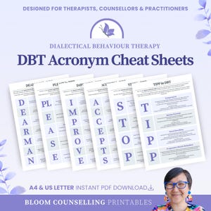 Può includere: Una raccolta di foglietti di acronimi DBT, progettati per terapisti e consulenti. I foglietti presentano acronimi come DEARMAN, PLEASE, IMPROVE, ACCEPTS, STOPP e TIPP in DBT. Il testo è in uno schema di colori viola e bianco.