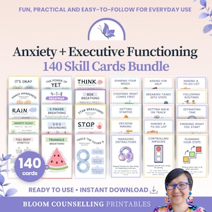 May include: A bundle of 140 skill cards for anxiety and executive functioning. The cards feature colorful designs and text, with topics like breathing exercises, decision-making, and managing distractions. The text includes "Ready to Use" and "Instant Download."