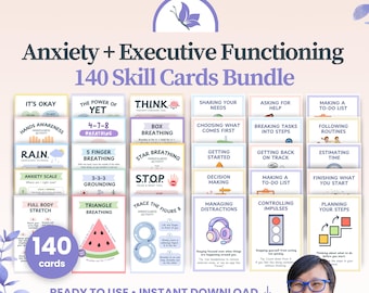 Anxiety & Executive Function Skills Cards Bundle, Emotional Regulation for Teens + Kids, Counsellor Therapist Printables (Digital Download)