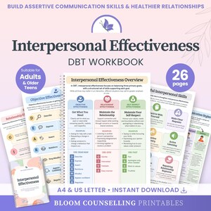 May include: A 26-page Interpersonal Effectiveness DBT workbook for adults and older teens. The document features an overview of objective, relationship, and self-respect effectiveness, including DEAR MAN, GIVE, and FAST acronyms in a spiral-bound format.