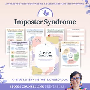 May include: A spiral-bound self-guided workbook titled Imposter Syndrome with a pastel cover featuring abstract shapes and a butterfly icon. The workbook is displayed alongside several interior pages showing text, charts, and reflection activities.