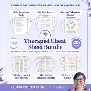 Therapist Cheat Sheet Bundle | Counsellor Prompts Questions One Liners | Therapy Modality Guides | SFBT Motivational Interview PDF Download