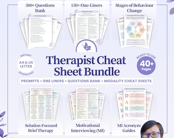 Therapist Cheat Sheet Bundle | Counsellor Prompts Questions One Liners | Therapy Modality Guides | SFBT Motivational Interview PDF Download