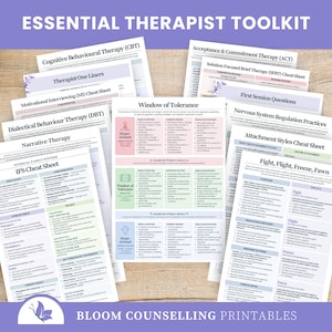 May include: A collection of printed therapy cheat sheets titled Essential Therapist Toolkit and Bloom Counselling Printables. The documents include guides on CBT, ACT, DBT, IFS, Window of Tolerance, and nervous system regulation practices.