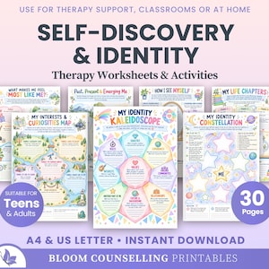Self Discovery & Identity Worksheets for Teen and Adults, Self Worth Workbook, Core Beliefs, Counsellor Therapist Toolkit (Digital Download)